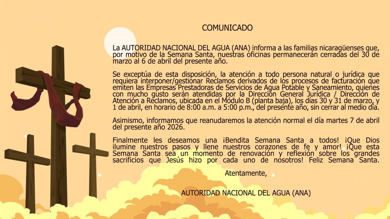 Por motivo de la Semana Santa, nuestras oficinas permanecerán cerradas del 30 de marzo al 6 de abril del presente año.